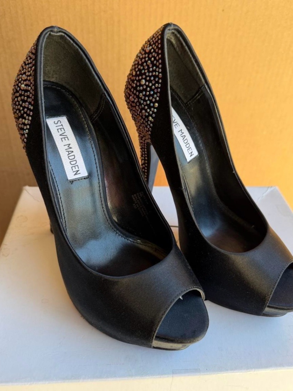 Steve Madden Black Peep-Toe Heels with Crystal-Embellished Counter